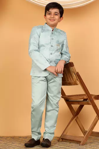 Boys sky blue satin floral embroidered bandhgala set