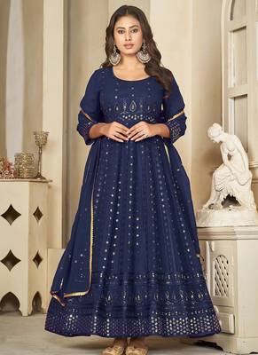 Blue georgette embroidered wedding wear anarkali suit 1
