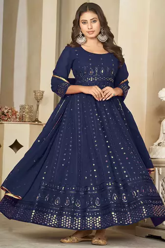 Blue georgette embroidered wedding wear anarkali suit