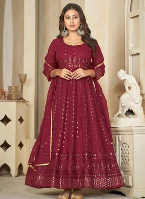 Maroon georgette embroidered wedding wear anarkali suit 1