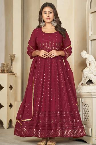 Maroon georgette embroidered wedding wear anarkali suit