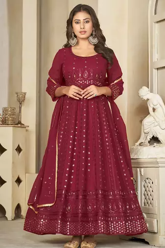 Maroon georgette embroidered wedding wear anarkali suit