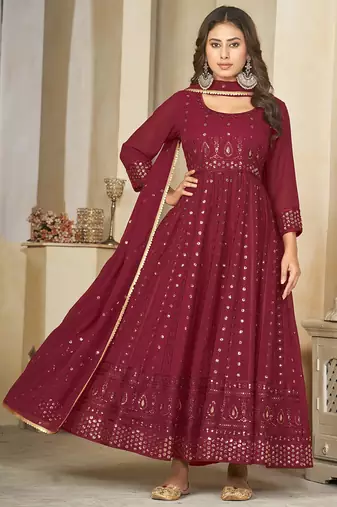 Maroon georgette embroidered wedding wear anarkali suit