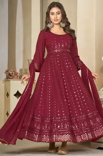 Maroon georgette embroidered wedding wear anarkali suit