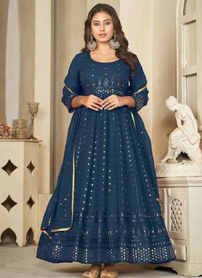 Aqua blue georgette embroidered wedding wear anarkali suit 1