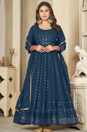 Aqua blue georgette embroidered wedding wear anarkali suit