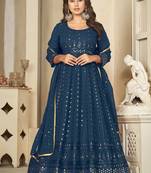 Aqua blue georgette embroidered wedding wear anarkali suit