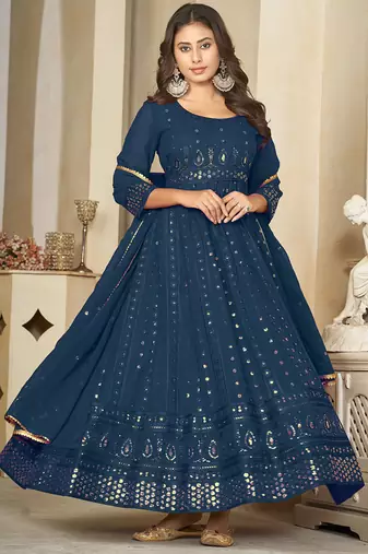 Aqua blue georgette embroidered wedding wear anarkali suit