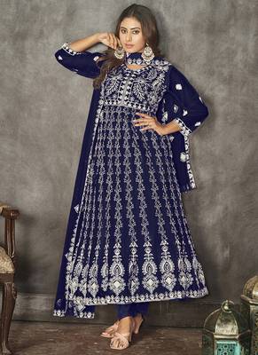 Blue net embroidered wedding wear anarkali suit 1