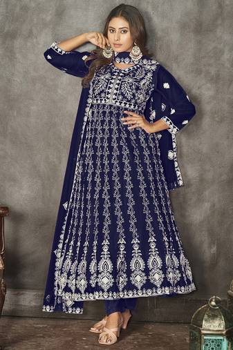 Blue net embroidered wedding wear anarkali suit