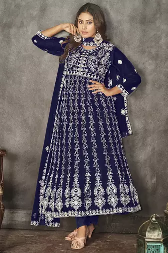 Blue net embroidered wedding wear anarkali suit