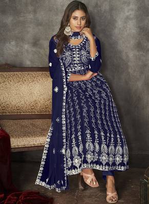 Blue net embroidered wedding wear anarkali suit 2