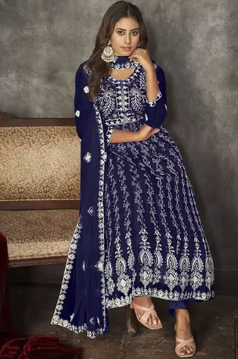 Blue net embroidered wedding wear anarkali suit