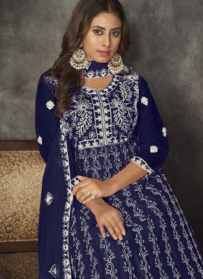 Blue net embroidered wedding wear anarkali suit 3
