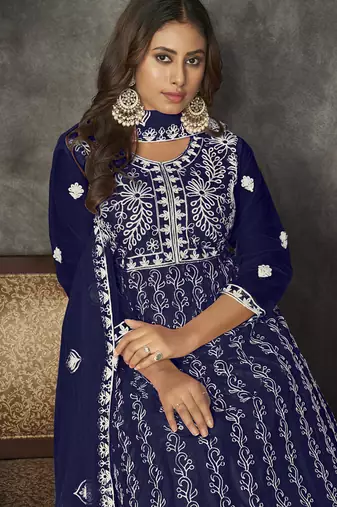 Blue net embroidered wedding wear anarkali suit