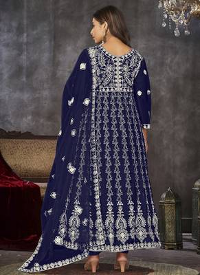 Blue net embroidered wedding wear anarkali suit 4