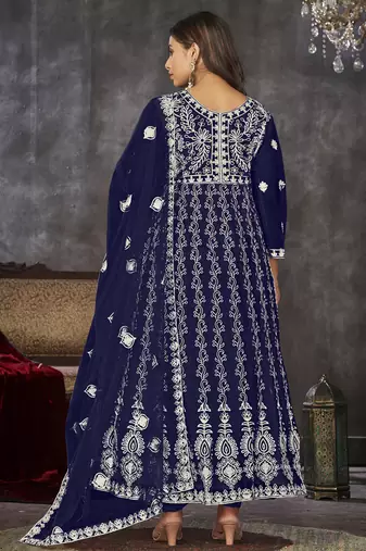 Blue net embroidered wedding wear anarkali suit