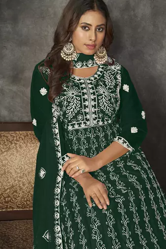 Green net embroidered wedding wear anarkali suit