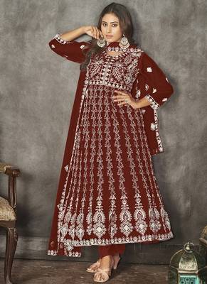 Maroon net embroidered wedding wear anarkali suit 1