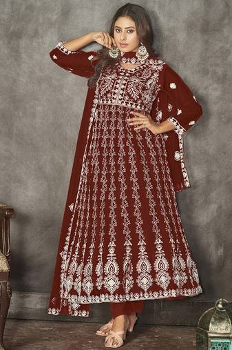 Maroon net embroidered wedding wear anarkali suit