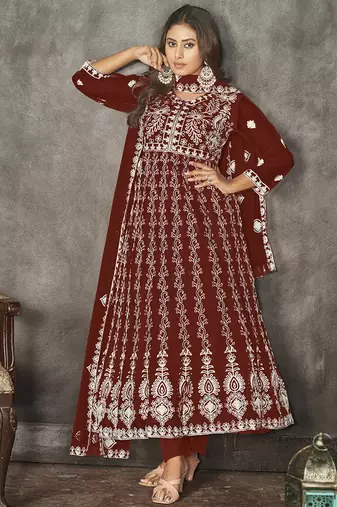 Maroon net embroidered wedding wear anarkali suit