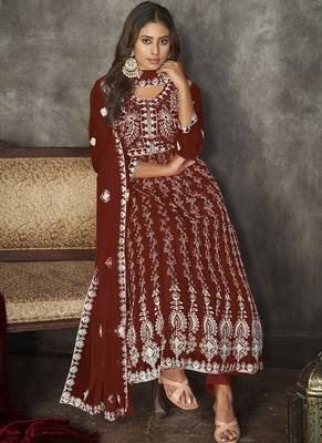 Maroon net embroidered wedding wear anarkali suit 2