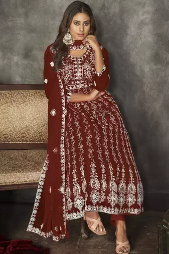 Maroon net embroidered wedding wear anarkali suit