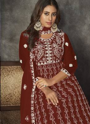 Maroon net embroidered wedding wear anarkali suit 3