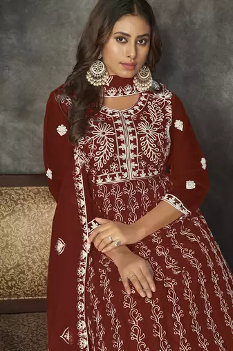 Maroon net embroidered wedding wear anarkali suit