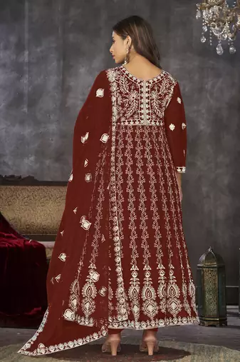 Maroon net embroidered wedding wear anarkali suit