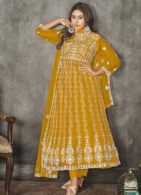 Mustard net embroidered wedding wear anarkali suit 1