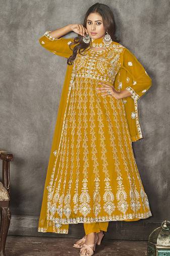 Mustard net embroidered wedding wear anarkali suit