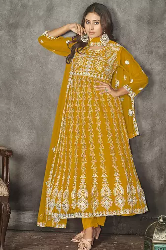 Mustard net embroidered wedding wear anarkali suit