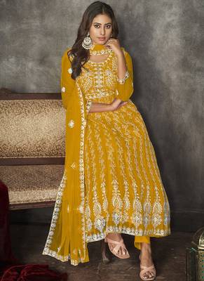 Mustard net embroidered wedding wear anarkali suit 2