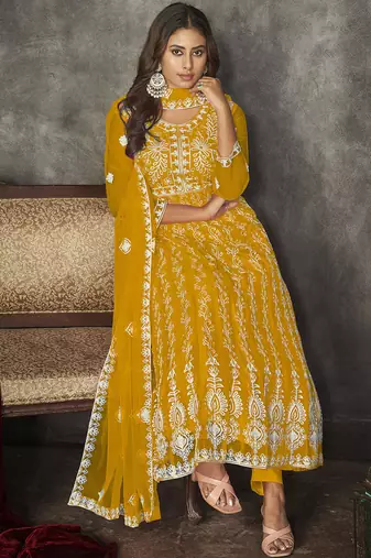 Mustard net embroidered wedding wear anarkali suit