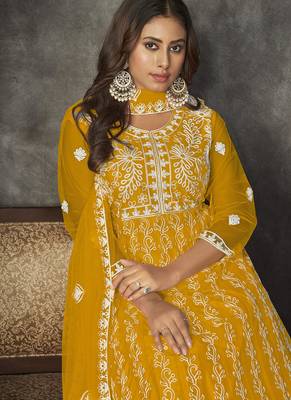 Mustard net embroidered wedding wear anarkali suit 3