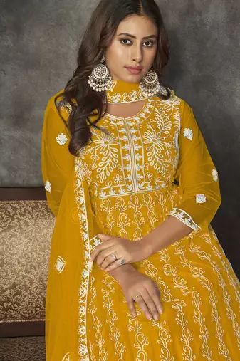 Mustard net embroidered wedding wear anarkali suit