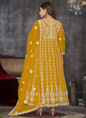 Mustard net embroidered wedding wear anarkali suit 4