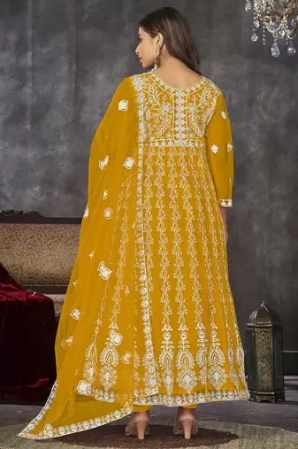 Mustard net embroidered wedding wear anarkali suit