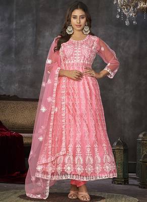 Baby pink net embroidered wedding wear anarkali suit 1