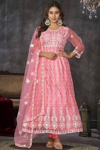 Baby pink net embroidered wedding wear anarkali suit