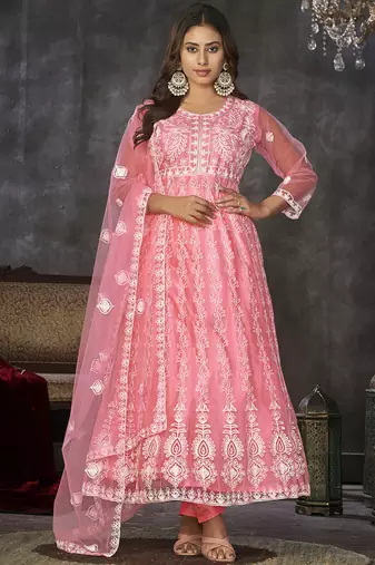 Baby pink net embroidered wedding wear anarkali suit