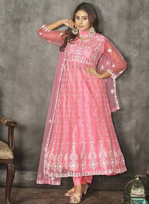 Baby pink net embroidered wedding wear anarkali suit 2