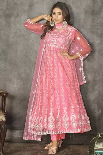 Baby pink net embroidered wedding wear anarkali suit