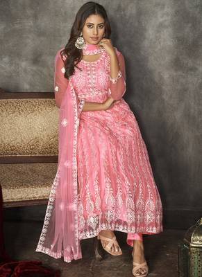 Baby pink net embroidered wedding wear anarkali suit 3