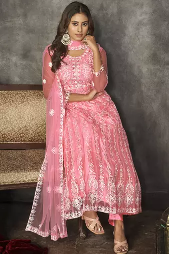 Baby pink net embroidered wedding wear anarkali suit