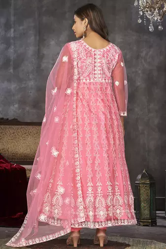 Baby pink net embroidered wedding wear anarkali suit