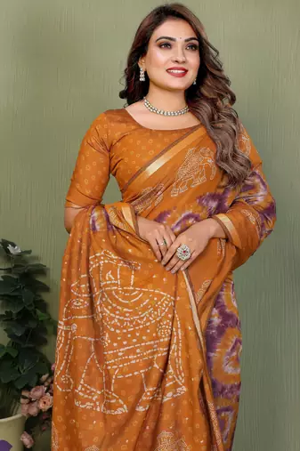 Mustard Color Kalamkari Print Cotton Saree 