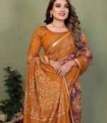 Mustard Color Kalamkari Print Cotton Saree 
