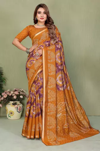 Mustard Color Kalamkari Print Cotton Saree 